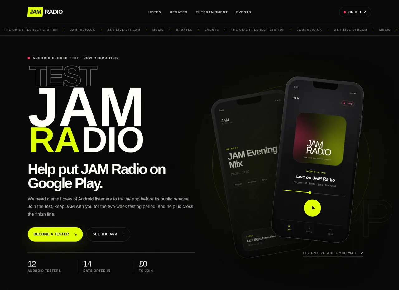 JAM Radio app recruitment landing page shown in a desktop browser