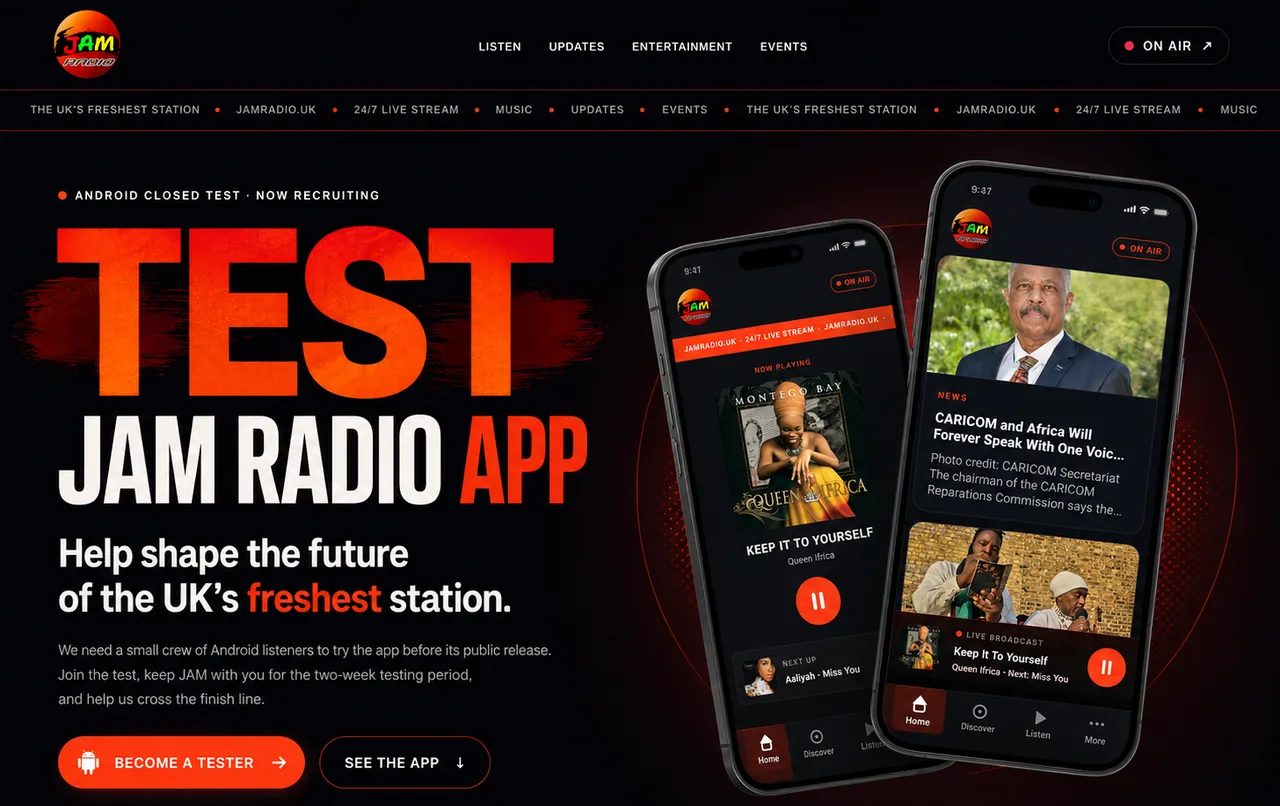 JAM Radio app test landing page displayed on desktop and mobile screens