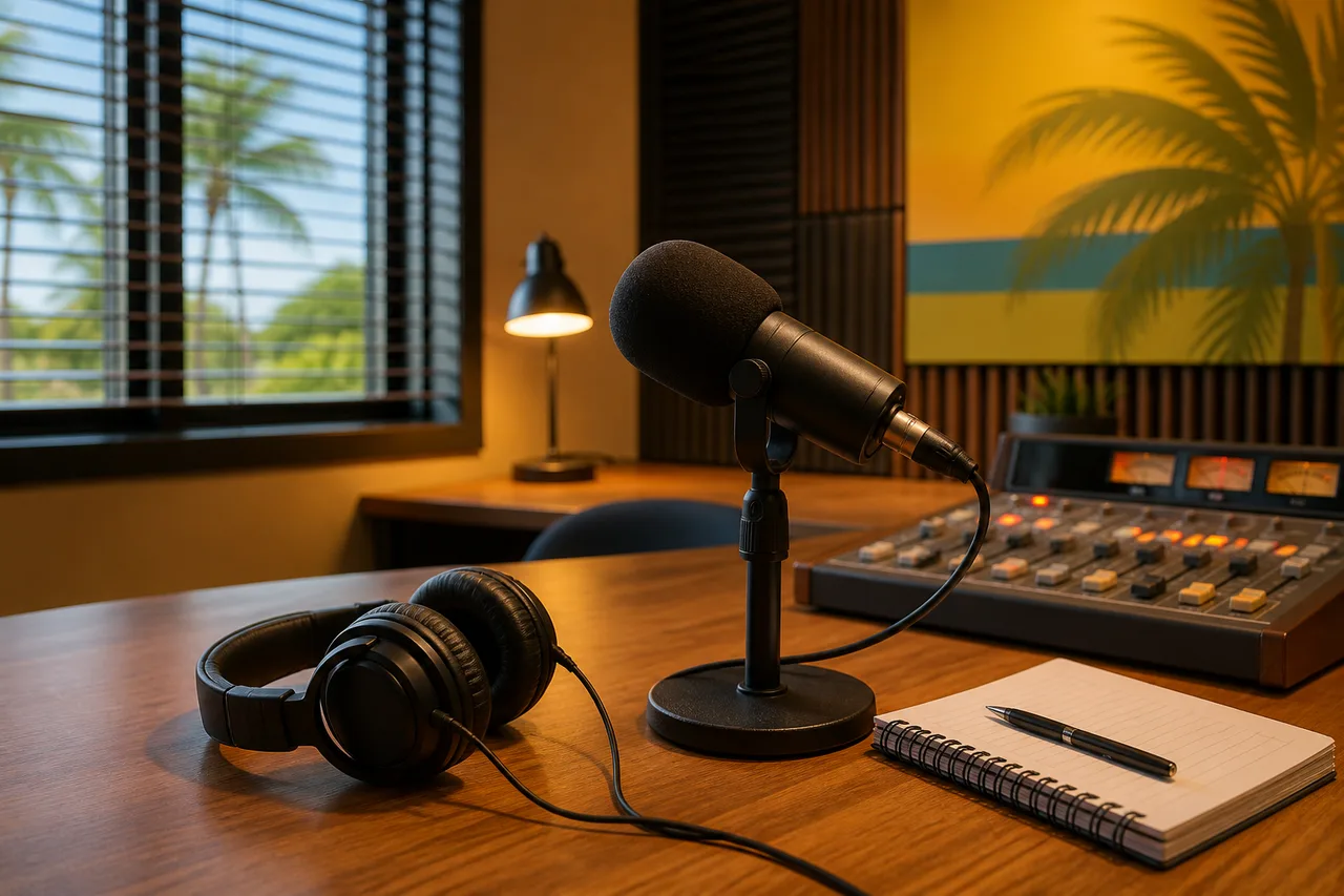 A fictional Caribbean radio studio desk with a microphone, headphones and notebook.