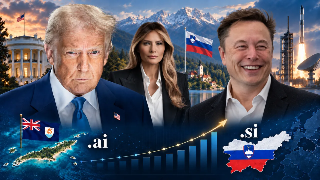 Editorial composite of Donald Trump, Melania Trump and Elon Musk above a comparison of Anguilla’s .ai and Slovenia’s .si domains.